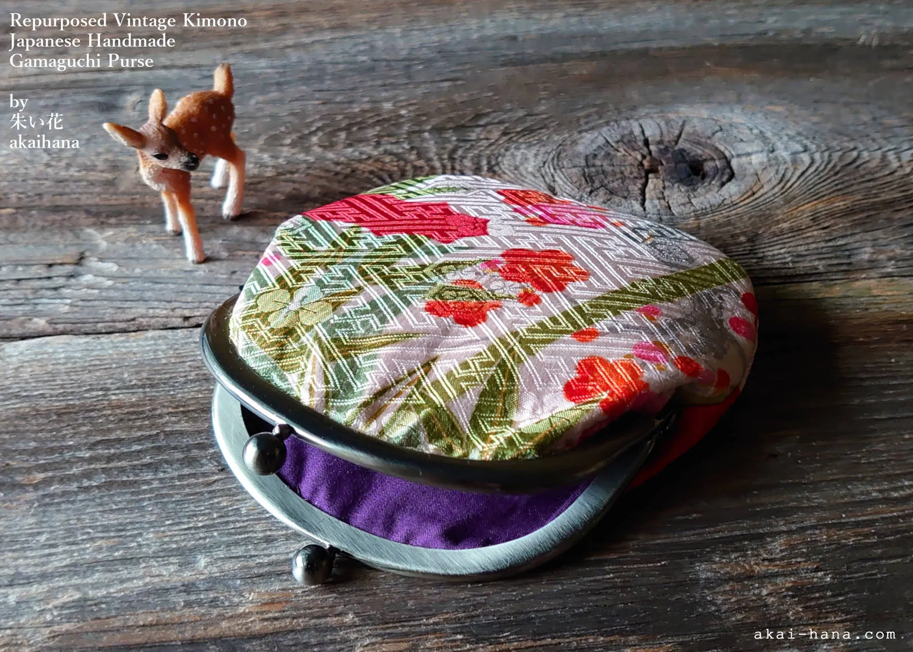 :: Clearance :: Repurposed Vintage Kimono Gamaguchi, Japanese Handmade Frame Purse ⦿gpjf0001
