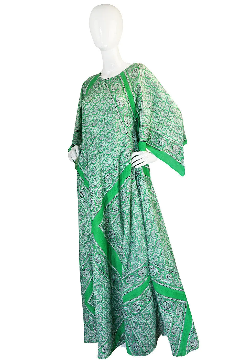 1970s Green Print Bandanna Scarf Cotton Caftan Dress