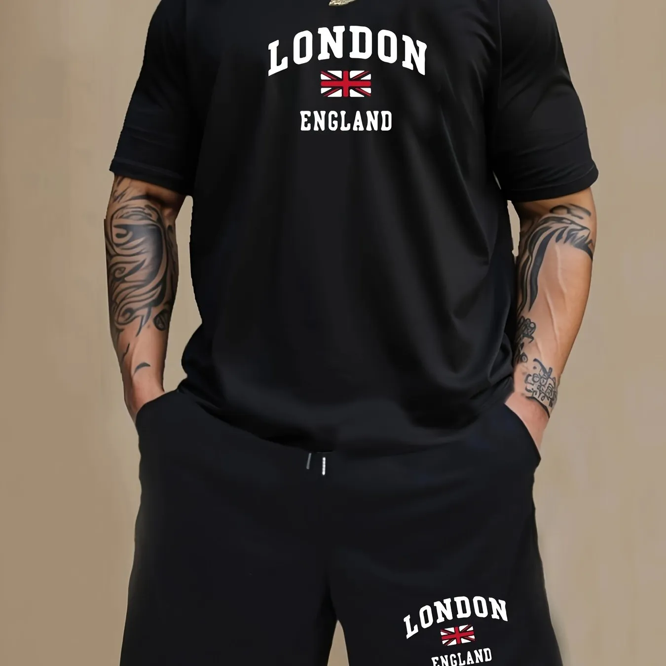 2 Pcs Men's Pajama Sets, LONDON ENGLAND British Flag Print Short Sleeve T-shirts & Shorts, Comfortable & Gentle Style Pajamas For Men's Summer Cozy Loungewear