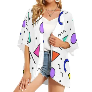 90s White Design Women's Kimono Chiffon Cover Up
