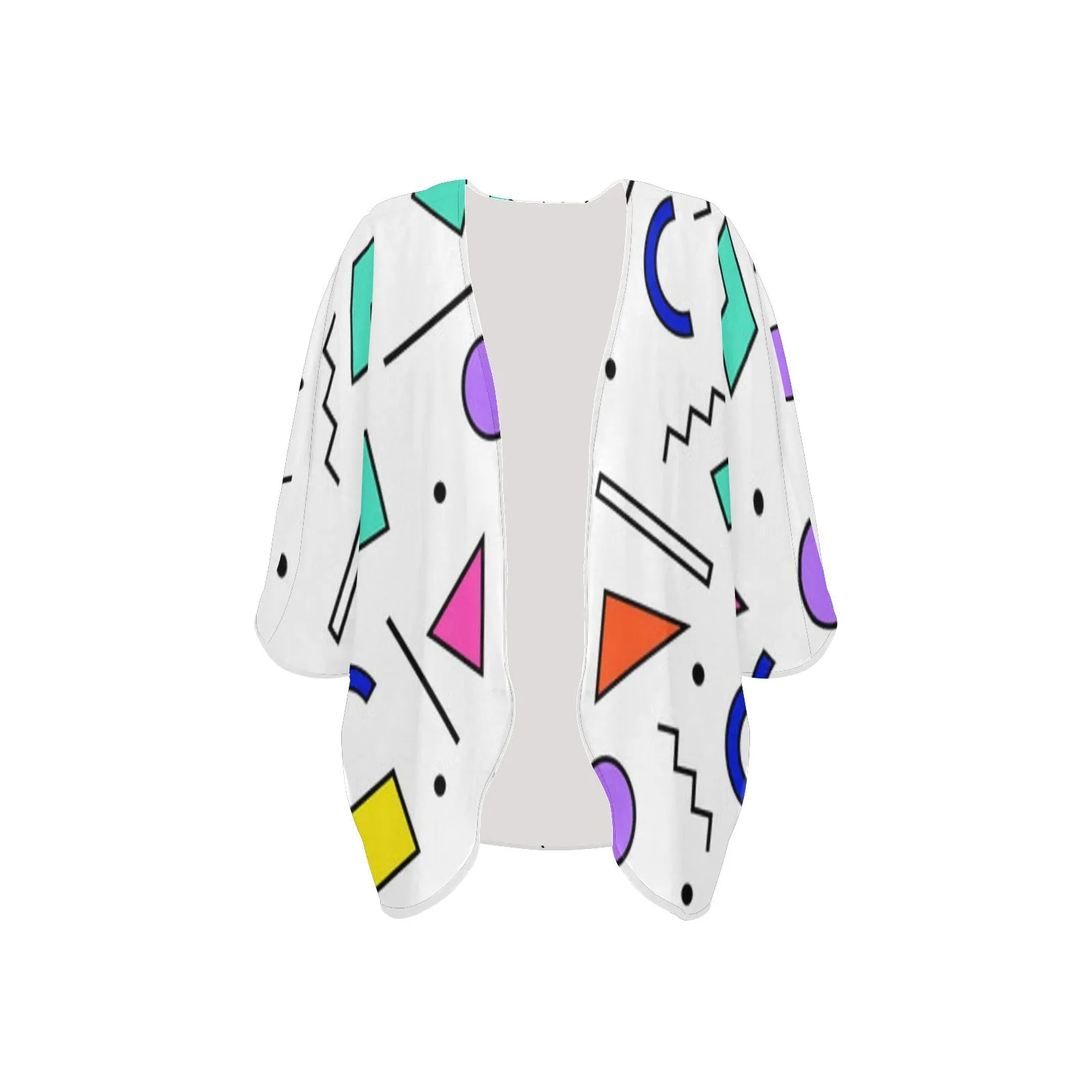 90s White Design Women's Kimono Chiffon Cover Up