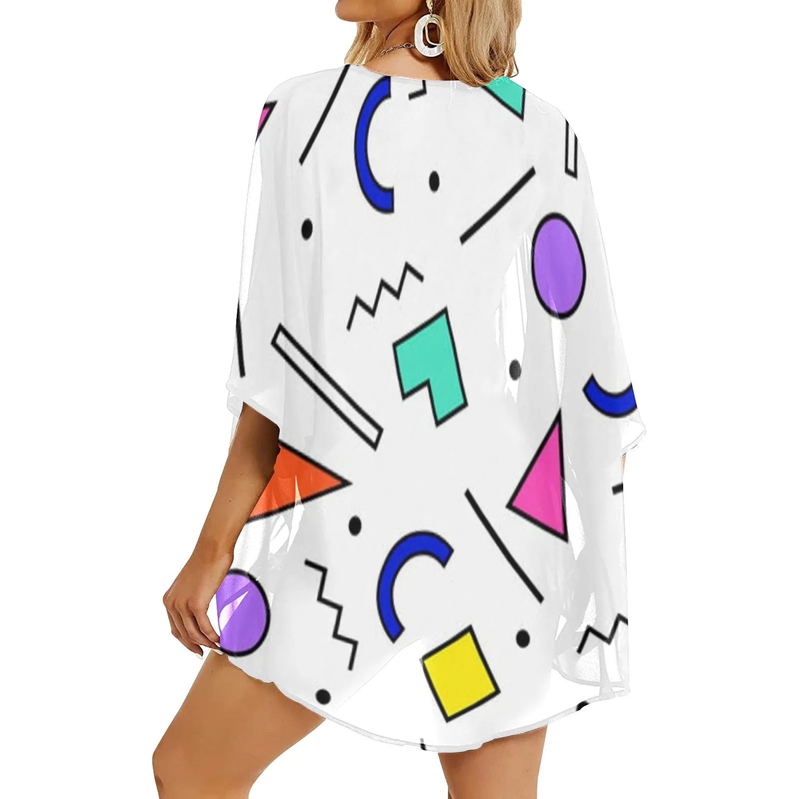 90s White Design Women's Kimono Chiffon Cover Up