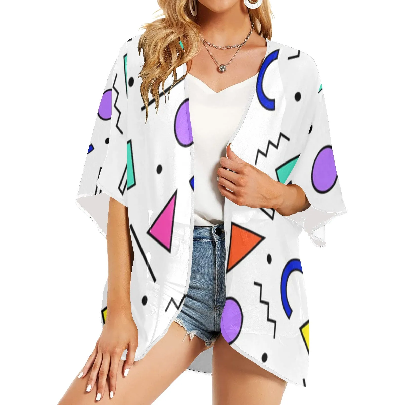 90s White Design Women's Kimono Chiffon Cover Up
