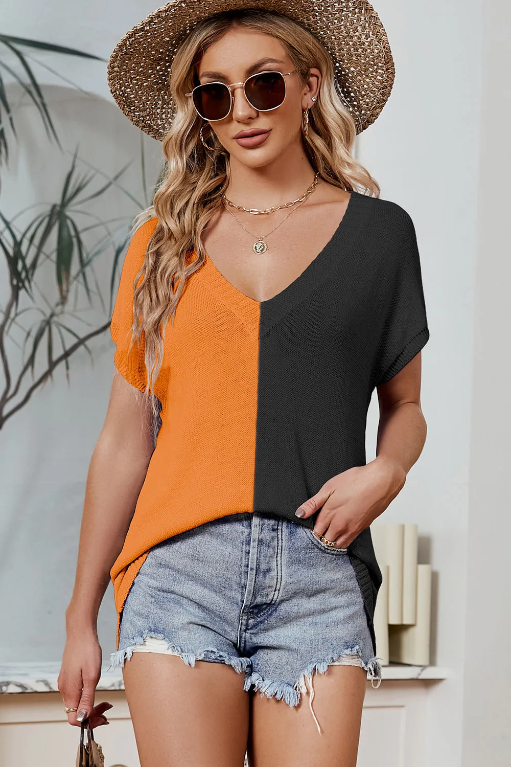 Allie color Block V-Neck Short Sleeve Knit Top