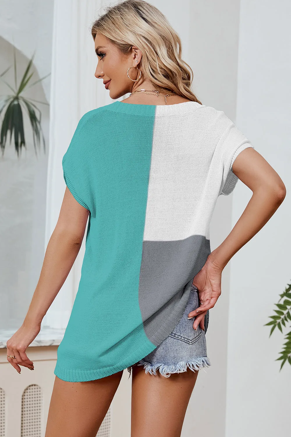 Allie color Block V-Neck Short Sleeve Knit Top