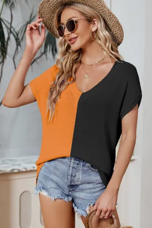 Allie color Block V-Neck Short Sleeve Knit Top