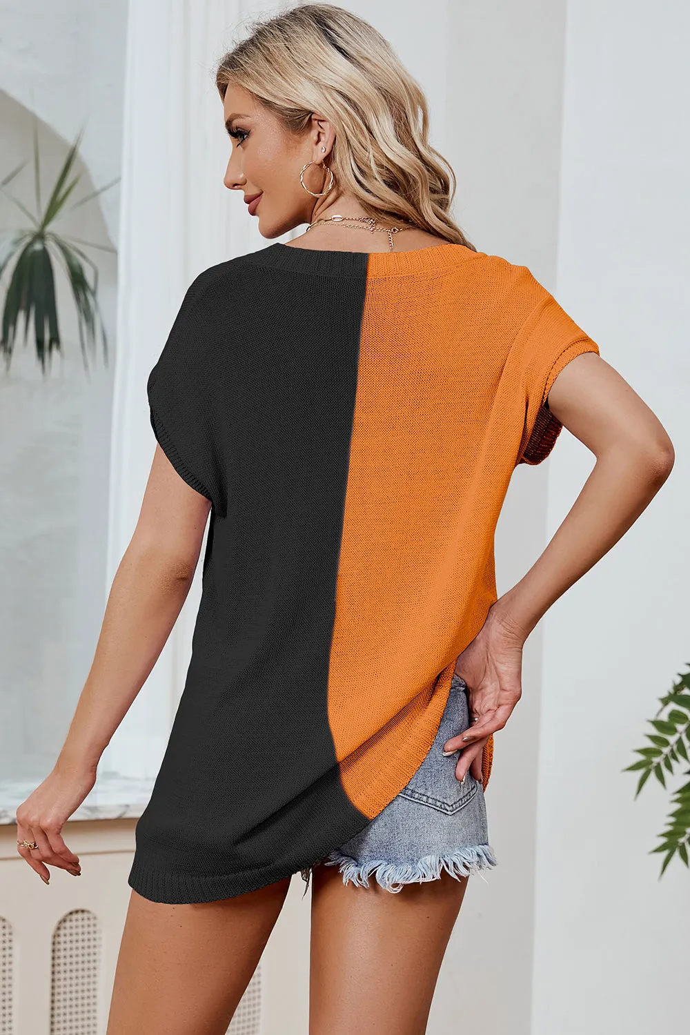 Allie color Block V-Neck Short Sleeve Knit Top