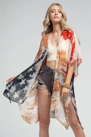 American Flag Kimono Cardigan with Vintage Look Election Outfit US Flag July 4 for Spring summer