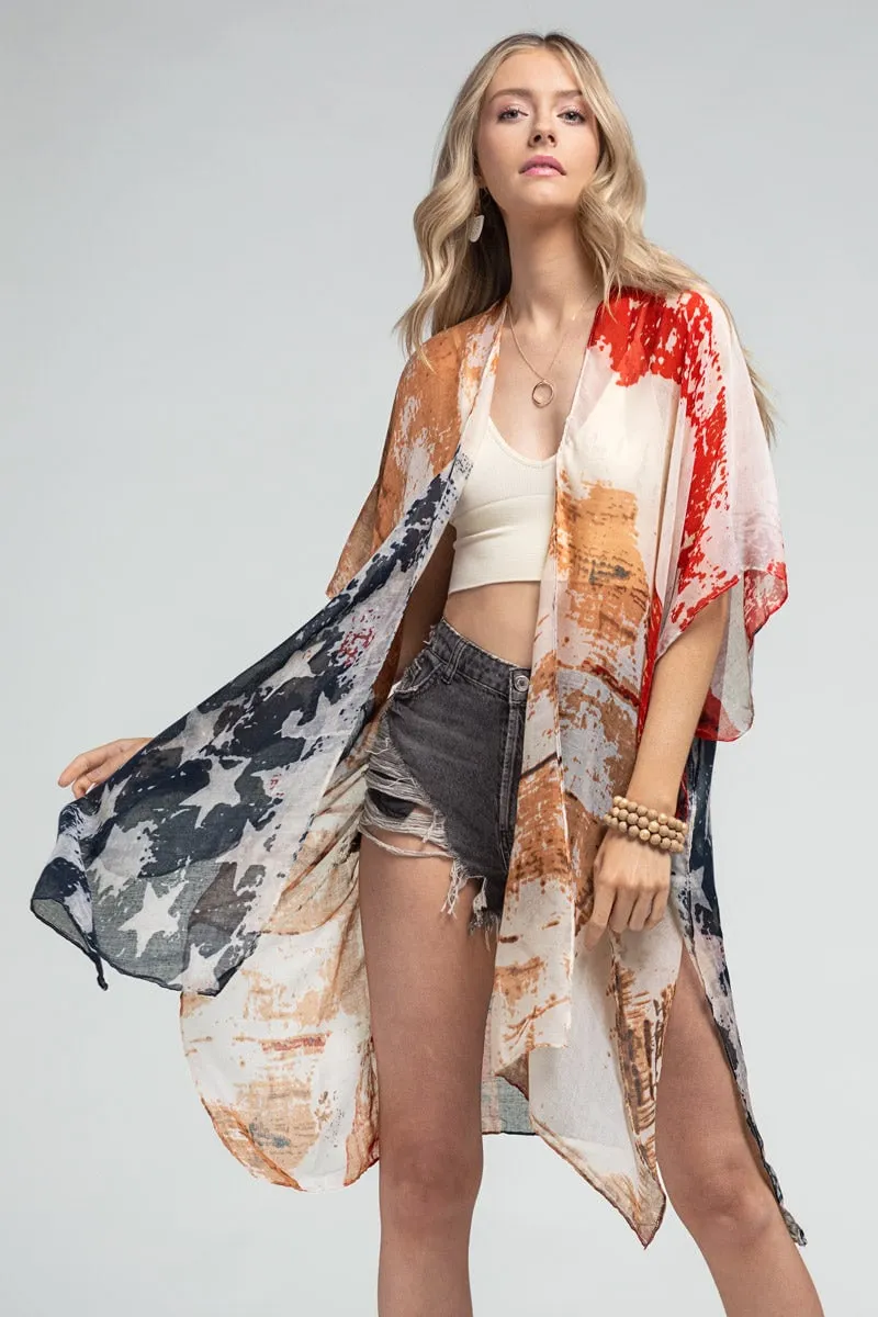 American Flag Kimono Cardigan with Vintage Look Election Outfit US Flag July 4 for Spring summer