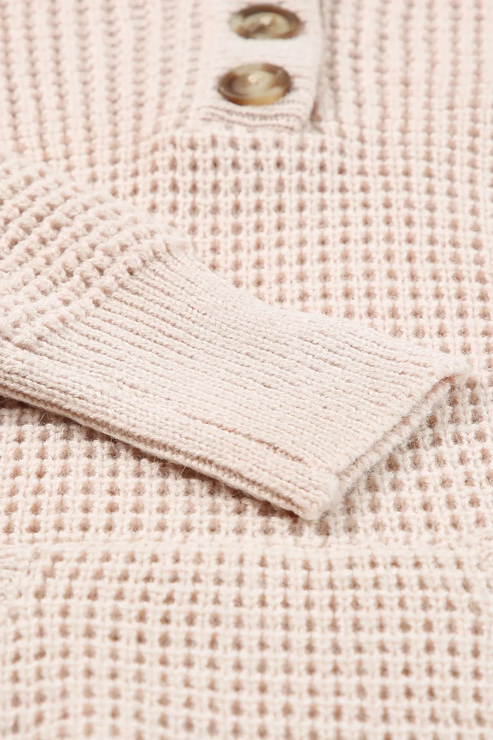 Apricot Waffle Knit Buttons Hooded Sweater with Pocket