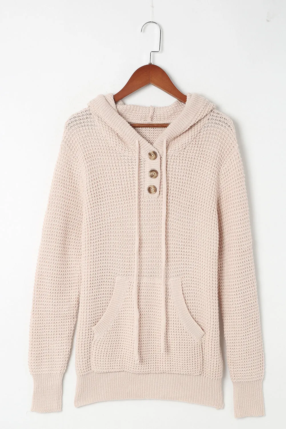 Apricot Waffle Knit Buttons Hooded Sweater with Pocket