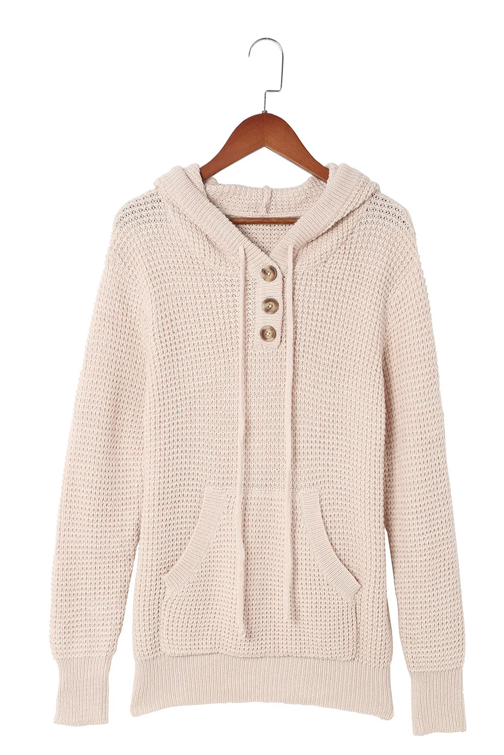 Apricot Waffle Knit Buttons Hooded Sweater with Pocket