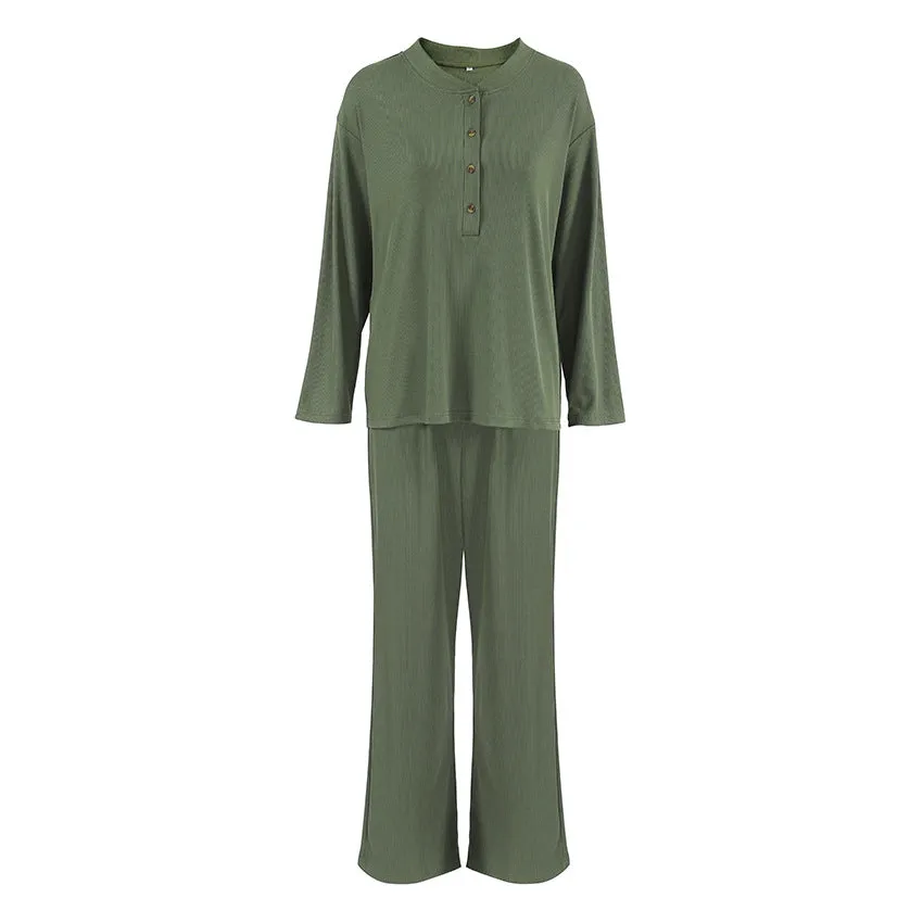 Autumn Knitted Sunken Stripe Casual Pajamas Set