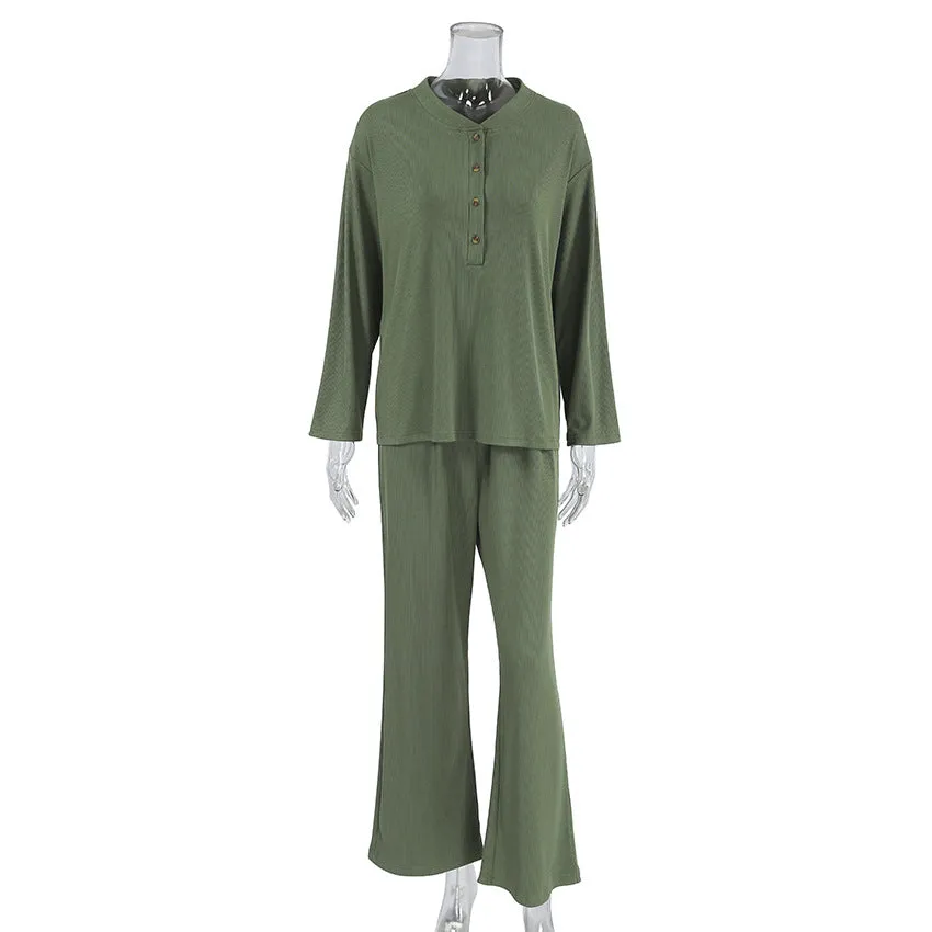 Autumn Knitted Sunken Stripe Casual Pajamas Set