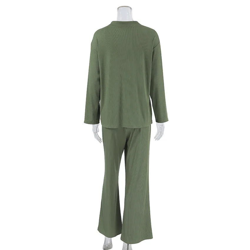 Autumn Knitted Sunken Stripe Casual Pajamas Set