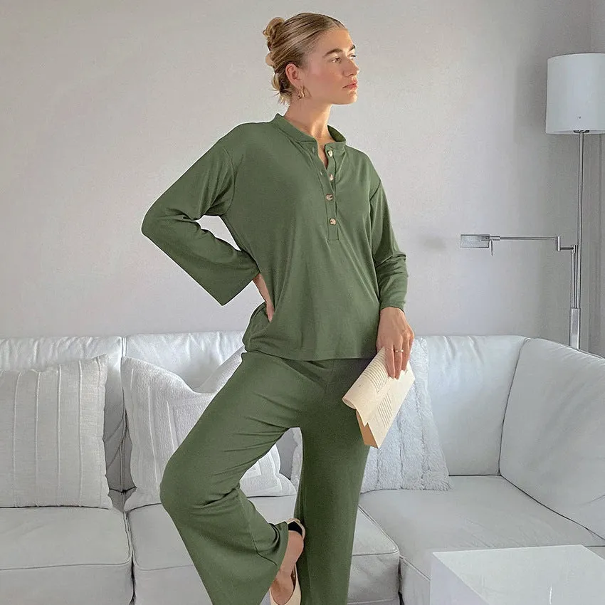 Autumn Knitted Sunken Stripe Casual Pajamas Set