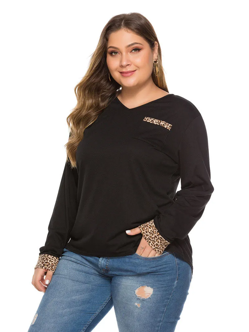 Autumn Leopard Contrast Pocket Deep V-neck Long Sleeve Large Size Top