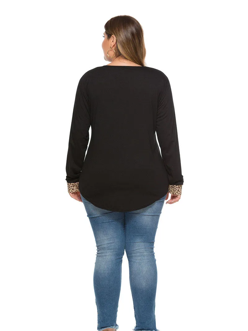 Autumn Leopard Contrast Pocket Deep V-neck Long Sleeve Large Size Top