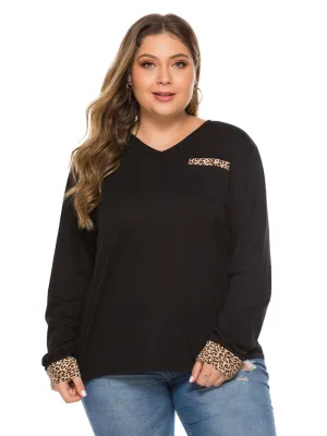 Autumn Leopard Contrast Pocket Deep V-neck Long Sleeve Large Size Top