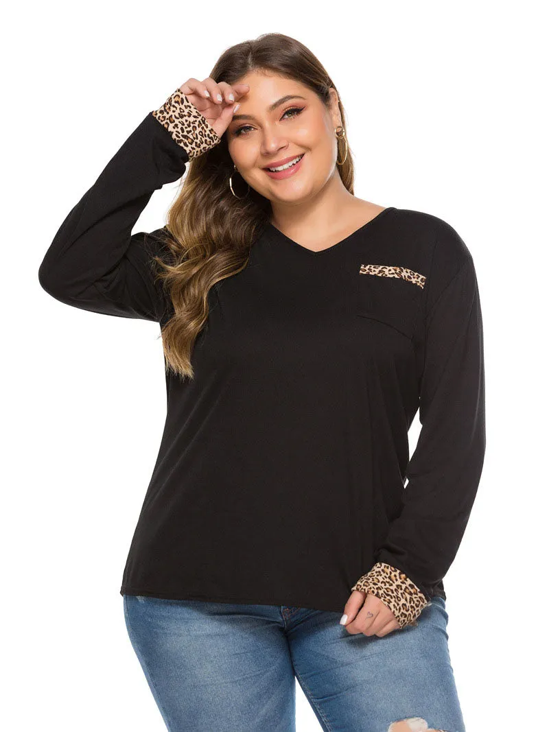 Autumn Leopard Contrast Pocket Deep V-neck Long Sleeve Large Size Top