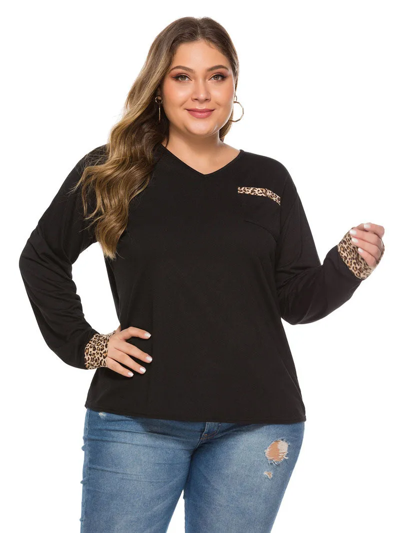 Autumn Leopard Contrast Pocket Deep V-neck Long Sleeve Large Size Top
