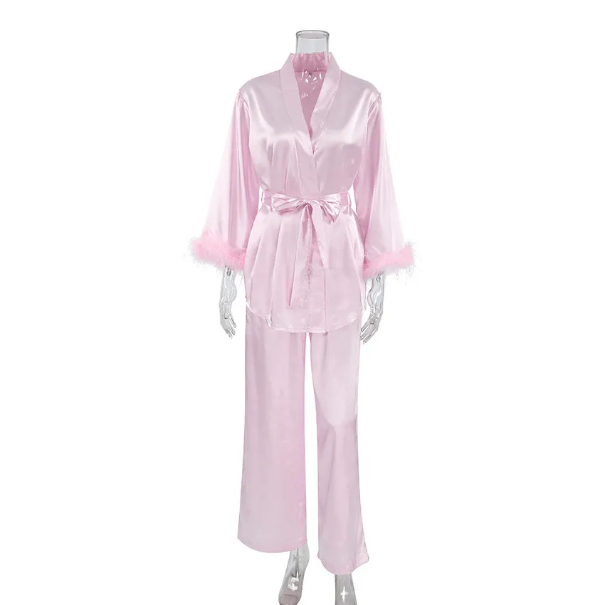 Autumn Pink Artificial Silk Feather Pajamas Two Piece Sets