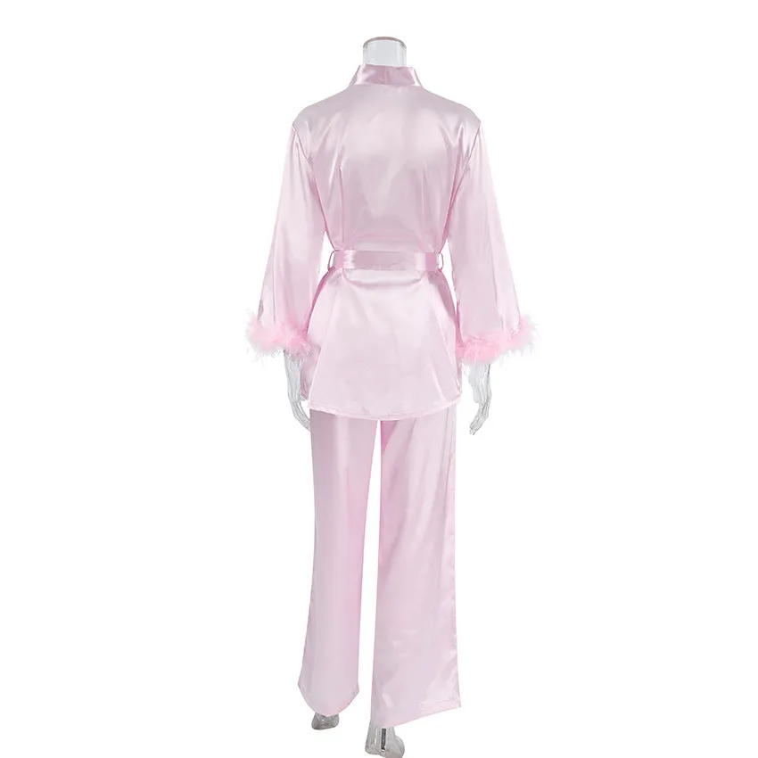Autumn Pink Artificial Silk Feather Pajamas Two Piece Sets