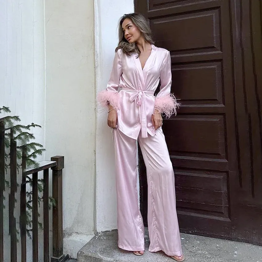 Autumn Pink Artificial Silk Feather Pajamas Two Piece Sets