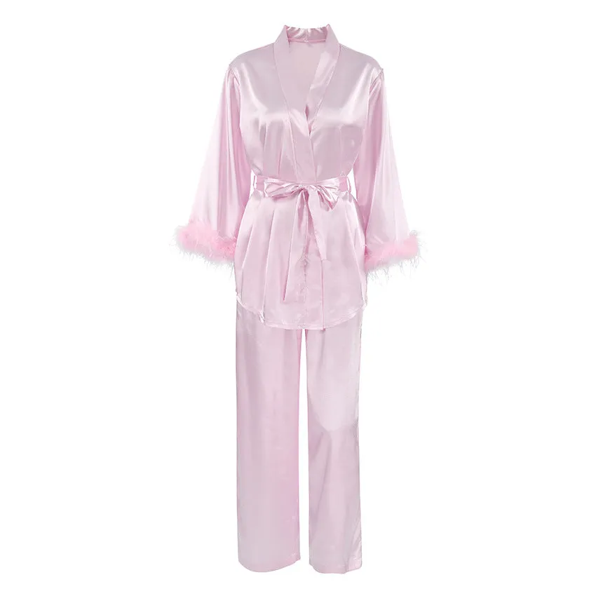 Autumn Pink Artificial Silk Feather Pajamas Two Piece Sets