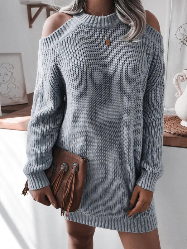 BerryBetty - Women's off shoulder long sleeve casual loose wool sweater dress