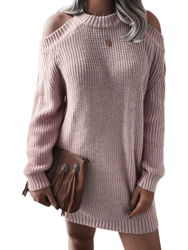 BerryBetty - Women's off shoulder long sleeve casual loose wool sweater dress