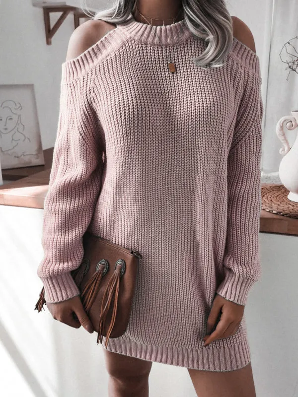 BerryBetty - Women's off shoulder long sleeve casual loose wool sweater dress