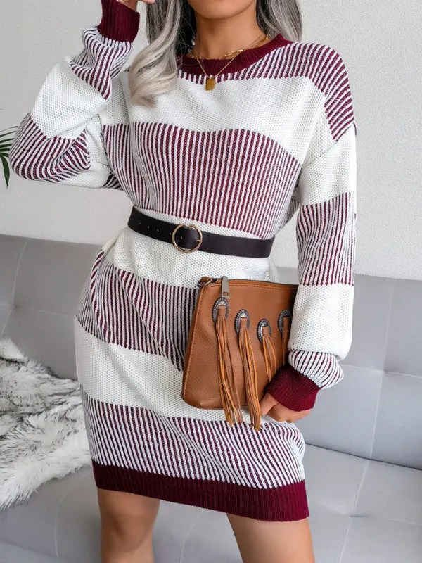 BerryBetty - Women's striped casual loose wool dress knitted Sweater Dress