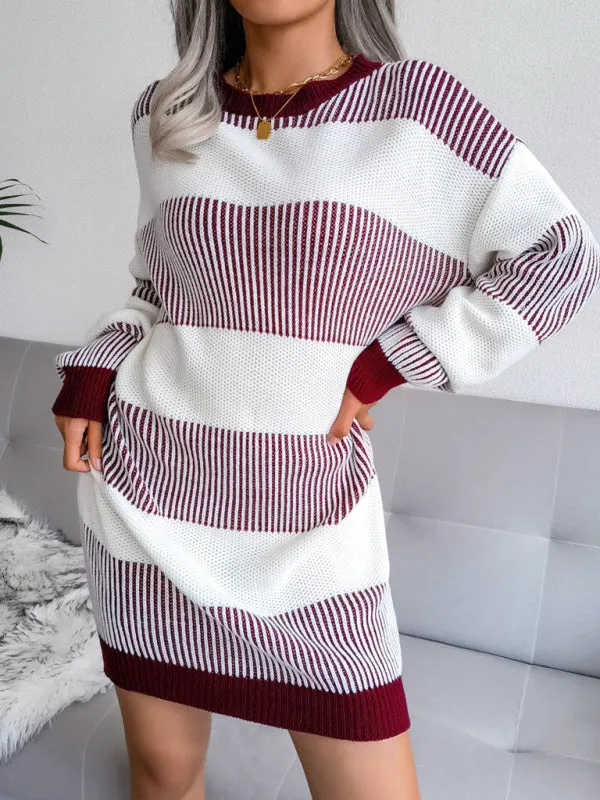 BerryBetty - Women's striped casual loose wool dress knitted Sweater Dress