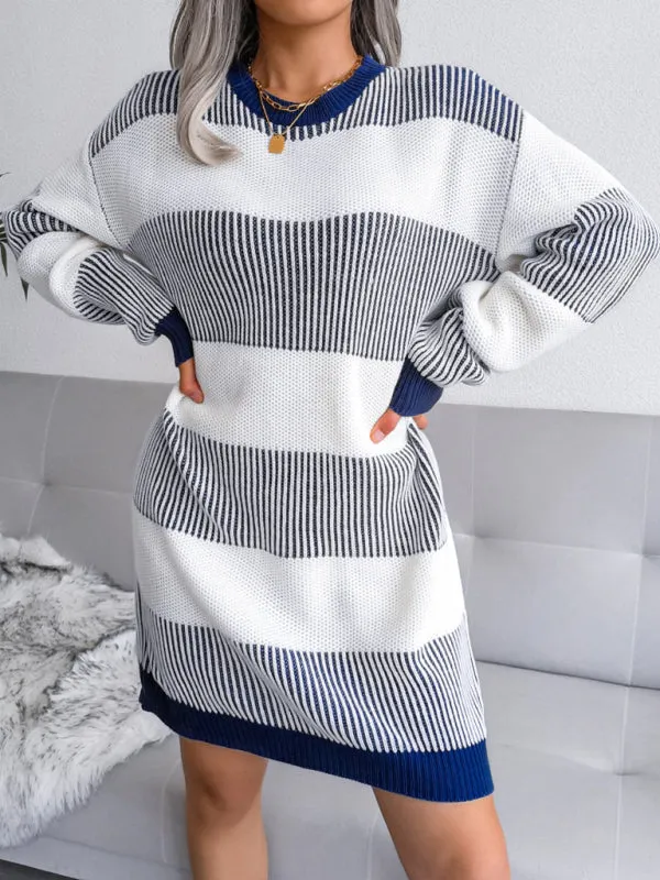BerryBetty - Women's striped casual loose wool dress knitted Sweater Dress