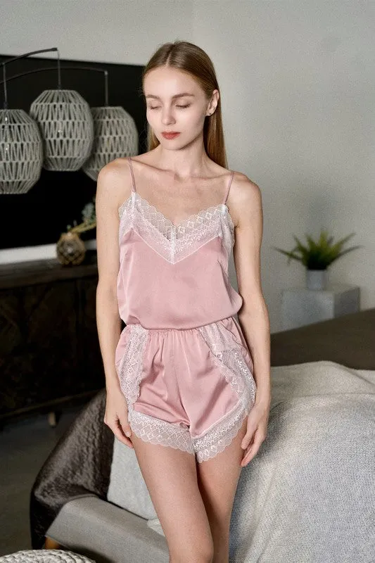 Beyond The Rose Pink Lace Trim Loungewear Set – 2-Piece Silk-Blend Pajamas