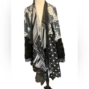 Black and White Patterned sheer cardigan kimono waterfall front plus one size