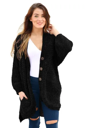 Black Chenille Buttoned Sweater Cardigan