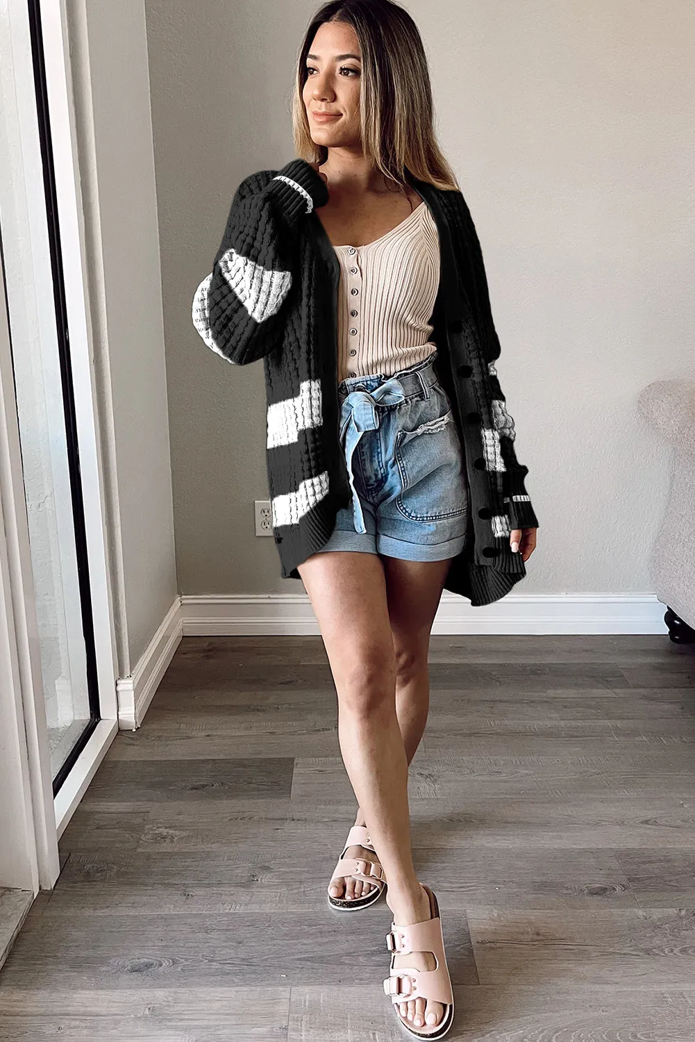 Black Colorblock Textured Knit Buttoned Cardigan