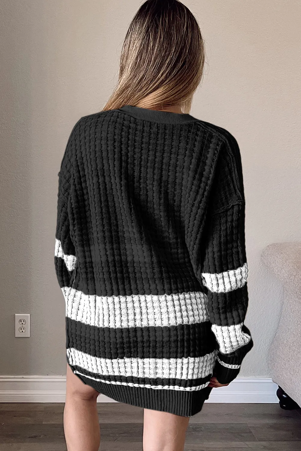 Black Colorblock Textured Knit Buttoned Cardigan
