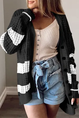 Black Colorblock Textured Knit Buttoned Cardigan