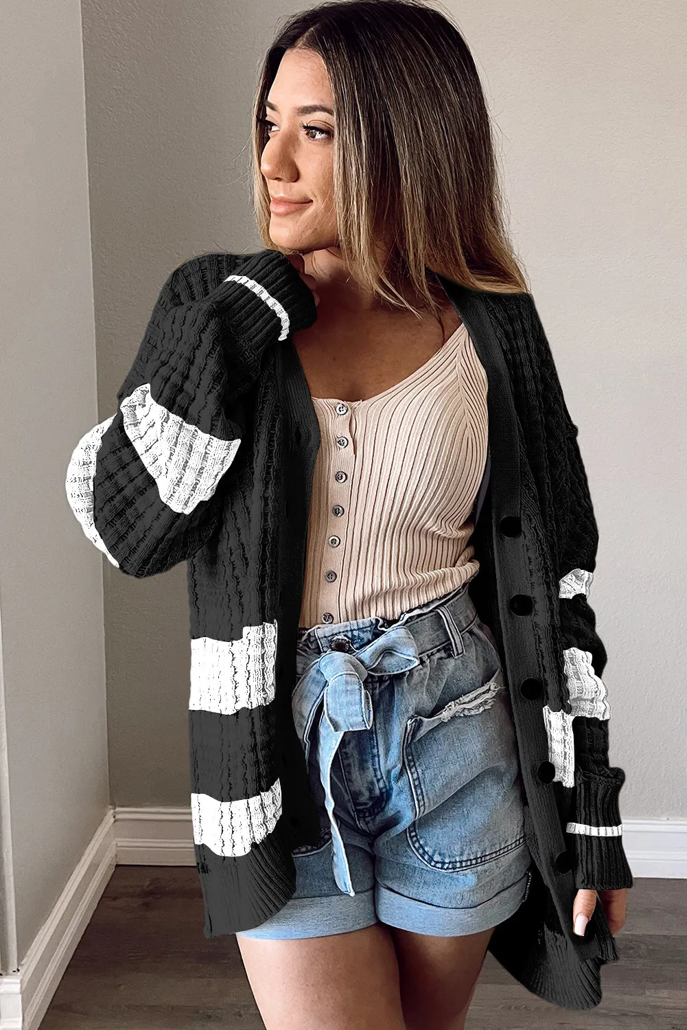 Black Colorblock Textured Knit Buttoned Cardigan