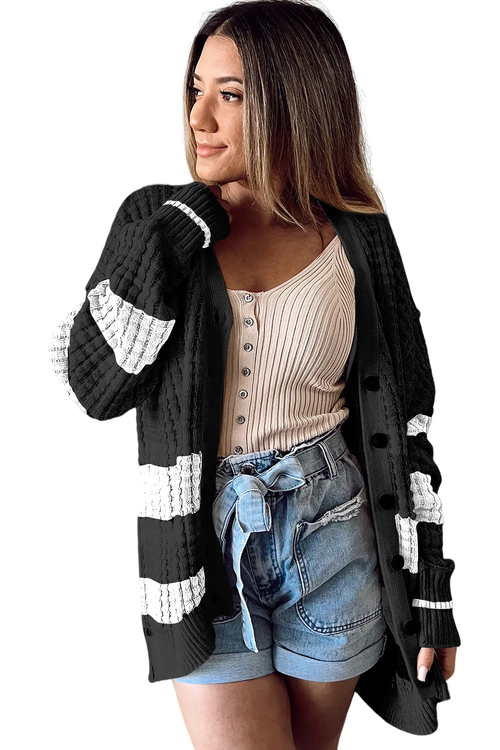 Black Colorblock Textured Knit Buttoned Cardigan