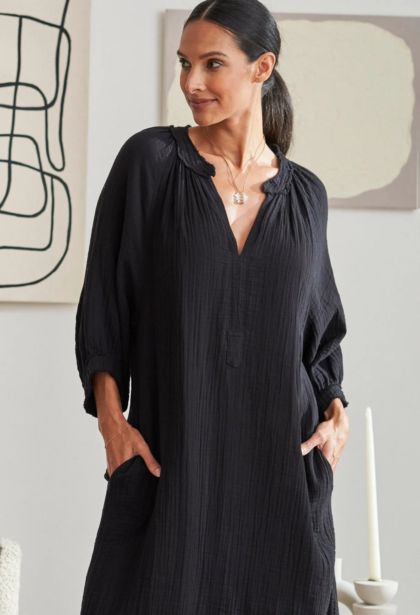 Black Gauze Dress with Pockets