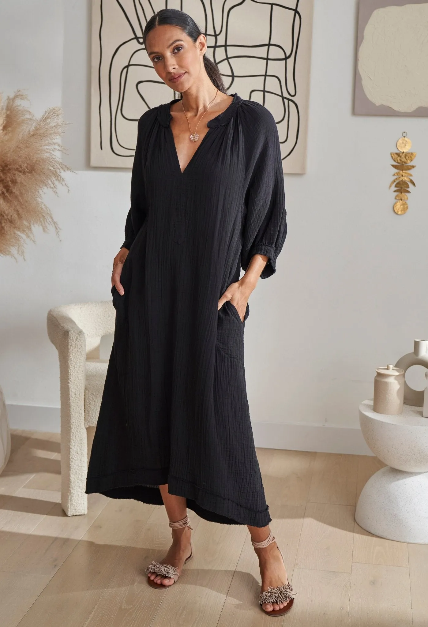 Black Gauze Dress with Pockets