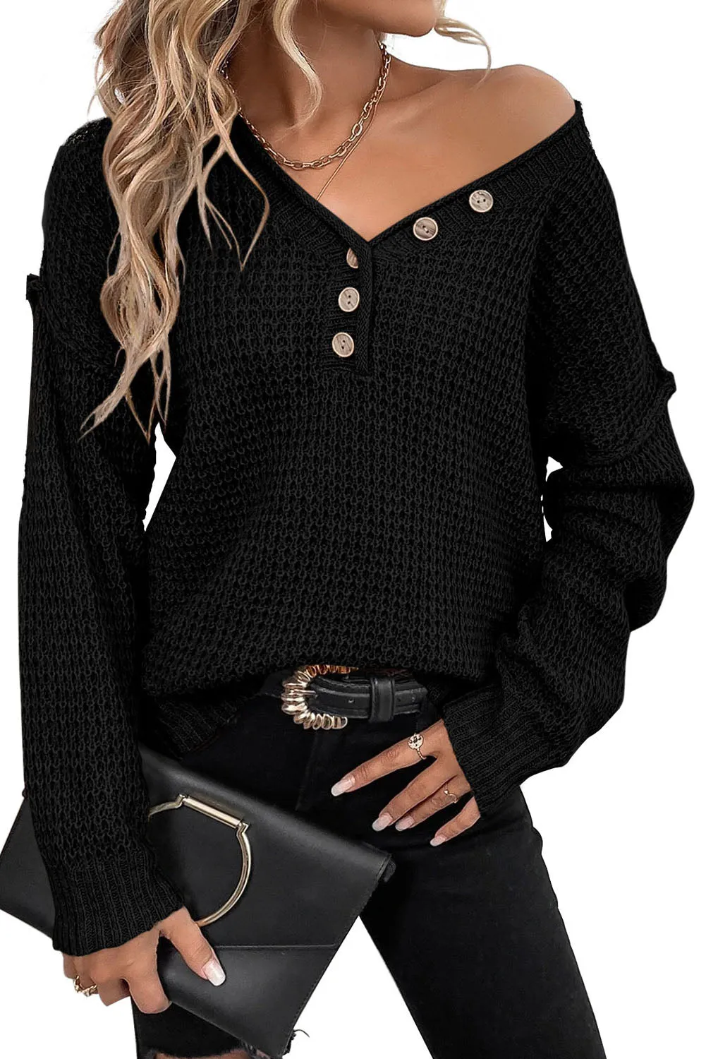 Black Pointelle Knit Button V Neck Drop Shoulder Sweater