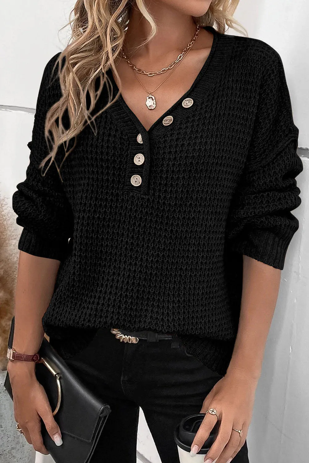 Black Pointelle Knit Button V Neck Drop Shoulder Sweater