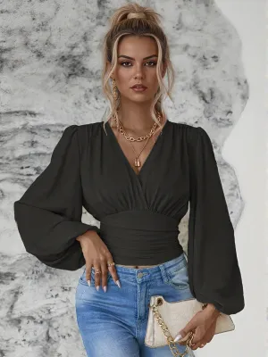 Black V Neck Volume Sleeve Fitted Top
