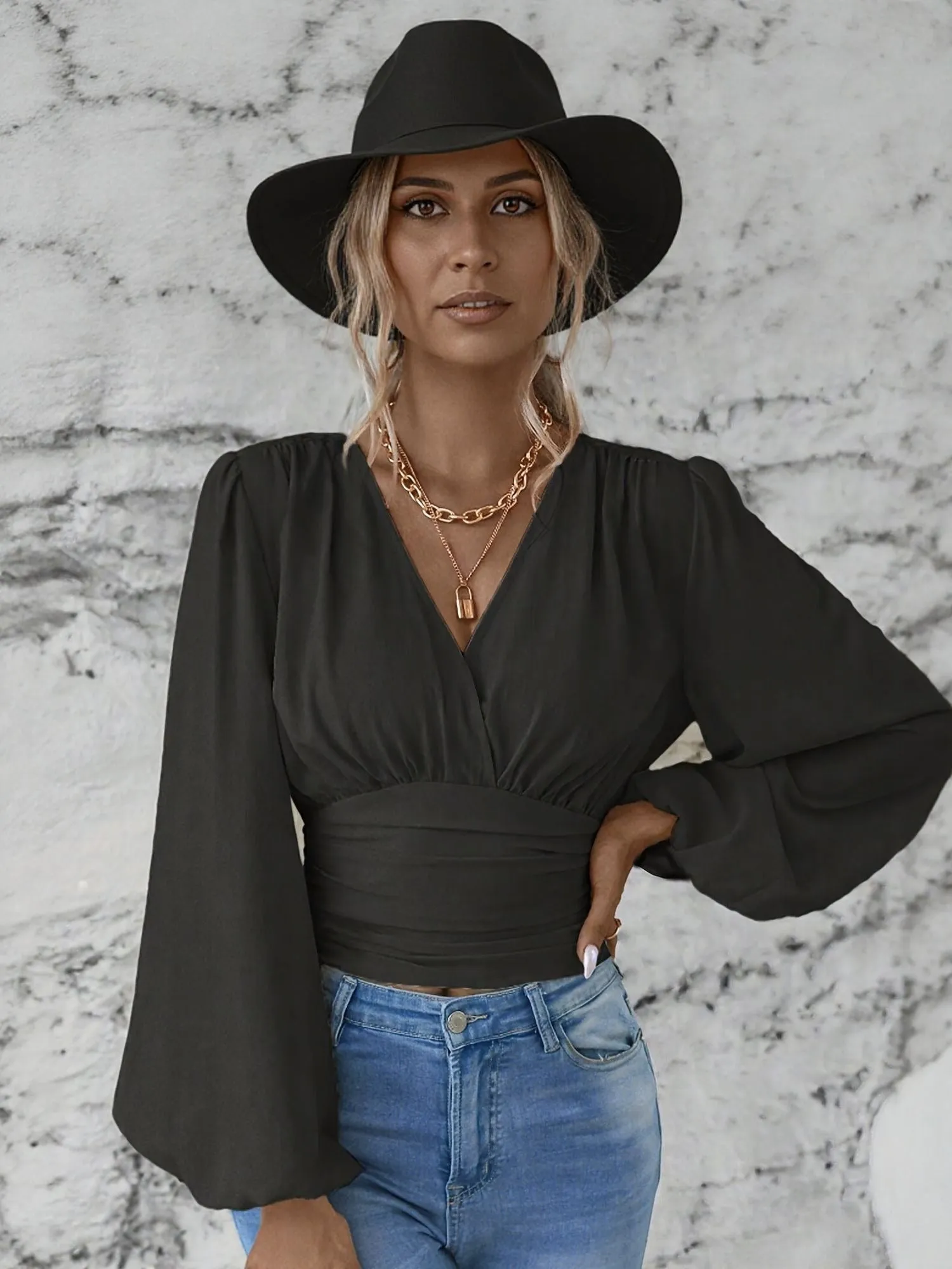 Black V Neck Volume Sleeve Fitted Top