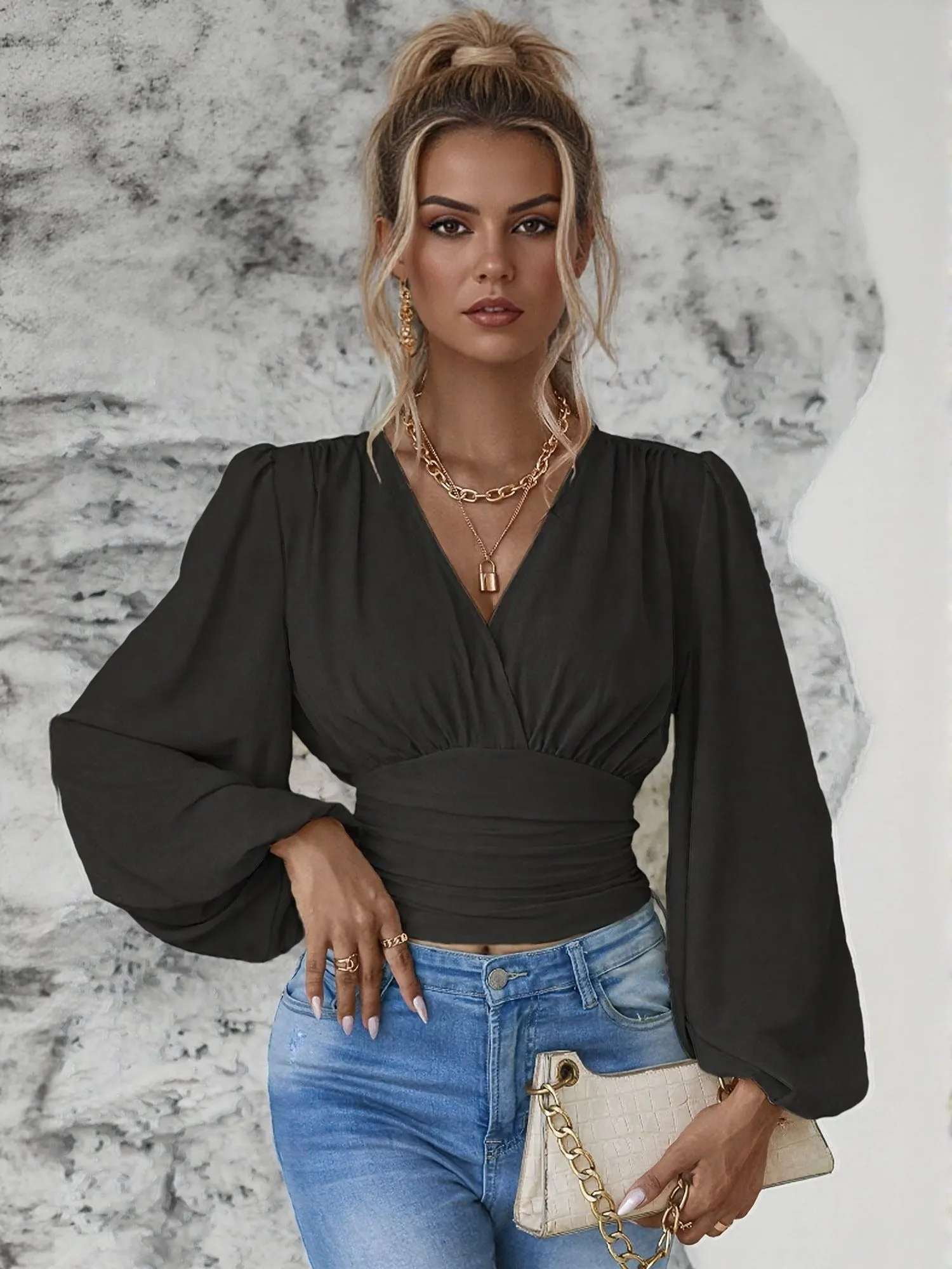 Black V Neck Volume Sleeve Fitted Top